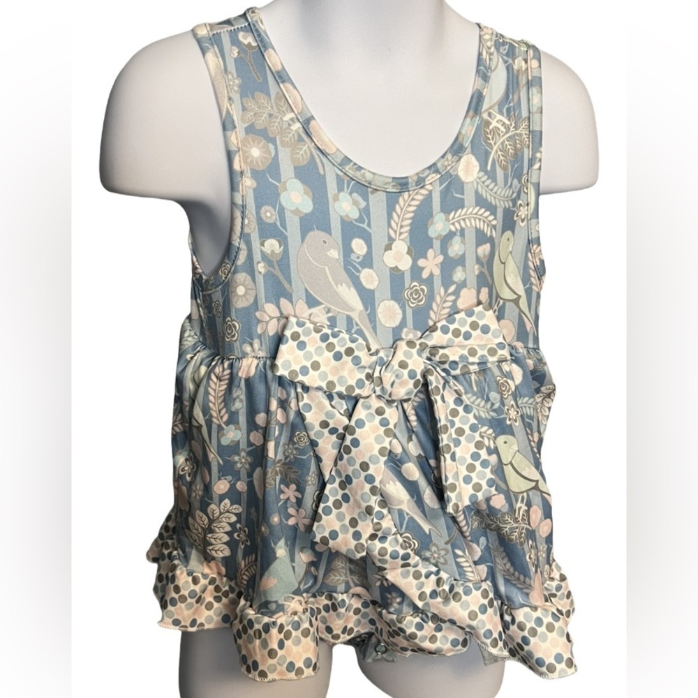 Pete and Lucy Blue Gray and White Floral and Bird Tank Romper NWT